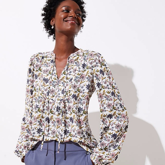 LOFT Tops - Ann Taylor LOFT Floral White Tie Neck Blouson Top